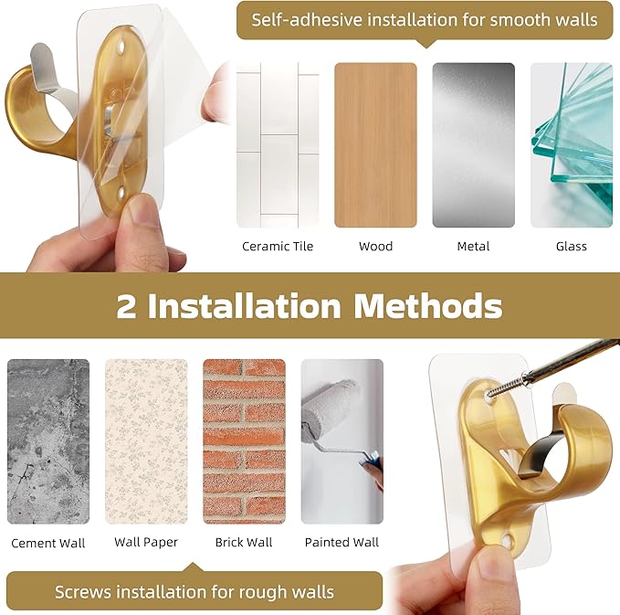 ANDGOO 10 Pack No Drill Curtain Rod Holders, Self Adhesive Curtain Rod Brackets, No Drilling, No Nail Heavy Duty Stick on Rod Hooks Bedroom, Bathroom, Livingroom, Kitchen (Gold)