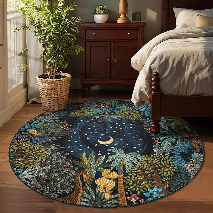 GarveeHome Round Area Rugs 5ft for Bedroom, Green Jungle Washable Circle Rug Soft Non Slip Forest Animal Print Floor Mat Tiger Carpet Indoor Thin Rug for Kids Room Dining Room Playroom Nursery