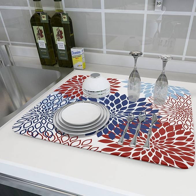 Khope 4th of July Dish Drying Mat for Kitchen Counter 18x24 Inch Patriotic Themed Navy Blue Red White Dahlia Floral Reusable Washable Modern Geometry Flower Drying Pad Countertop Home Decor