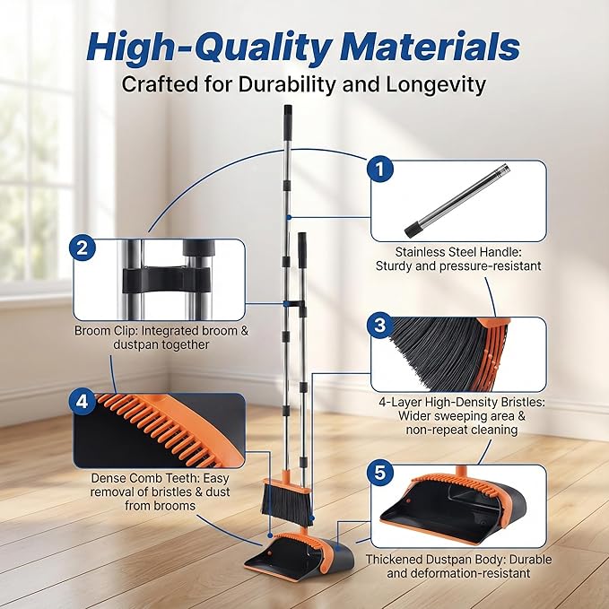 Broom and Dustpan Set for Home, 51.8" Long Handle Standing Dustpan with Self-Cleaning Teeth, Upright Sweeping Combo for Kitchen Office Pet Hair, Orange
