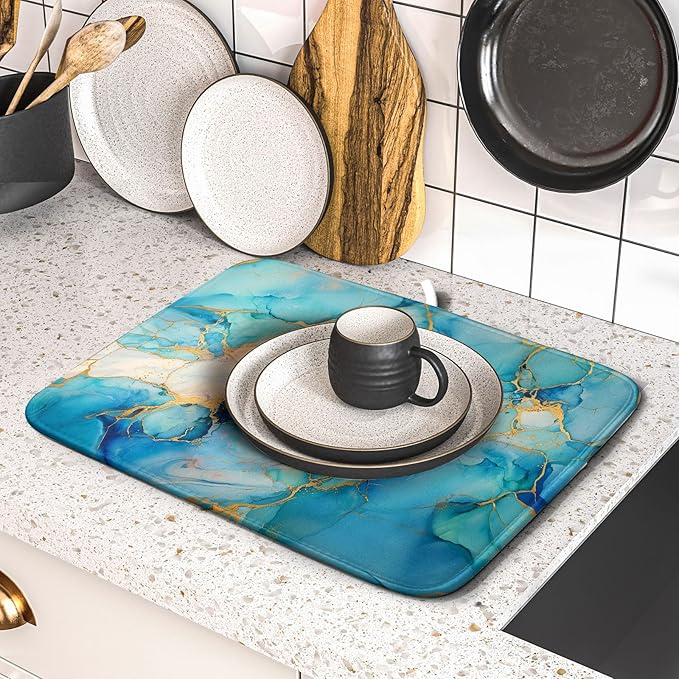 Marble Print Dish Drying Mat for Kitchen Counter,Blue Teal Turquoise Gold Drying Mat 16 x 18 Inch with Absorbent Reversible Microfiber Drying Pad for Coffee Bar