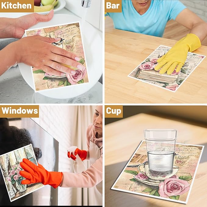 Floral Swedish Dishcloths for Kitchen, 6 Pack Flower and Birds Reusable Dish Paper Hand Towels Housewarming Gifts, Absorbent Dish Rags for Home Cooking Cleaning