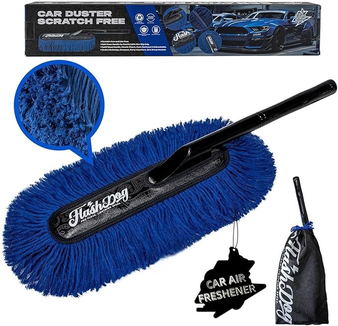 Flash Dog Car Duster Exterior Scratch Free - Wood Handle Waterless Cleaning for Cars/SUV/Truck/RV | Waxed Cotton, Portable Waterless Dust & Pollen Remover
