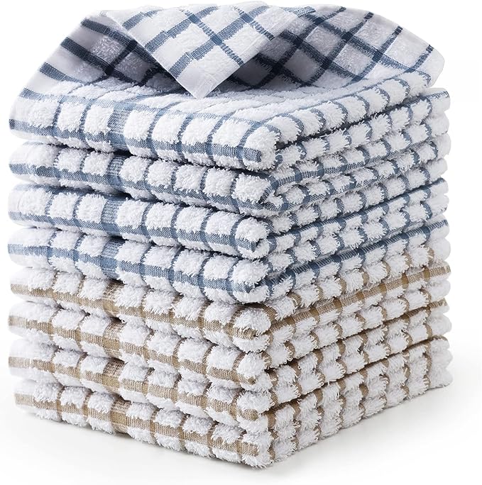Egles 8 Packs Kitchen Dishcloths, 100% Cotton Grid Terry Dish Cloths 12" x 12" Ultra Soft Super Absorbent Dishrag Reusable Dishcloth, Multi-Purpose Quick Drying Hand Dish Towel Set with Hanging Loop