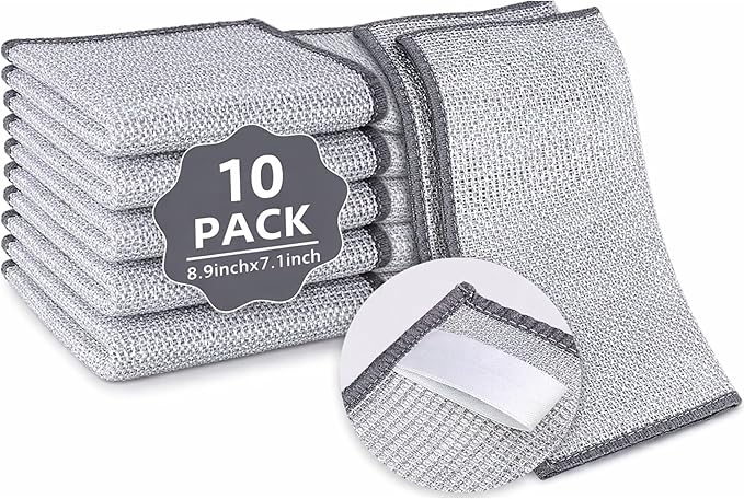 Silver Mesh Dish Cloths (3 Layer) – Non Scratch, Odor Free, Quick Dry Wire Cleaning Pads for Sinks, Dishes, Stove Top | Multipurpose Reusable Metal Scrubbers | 10 Pack