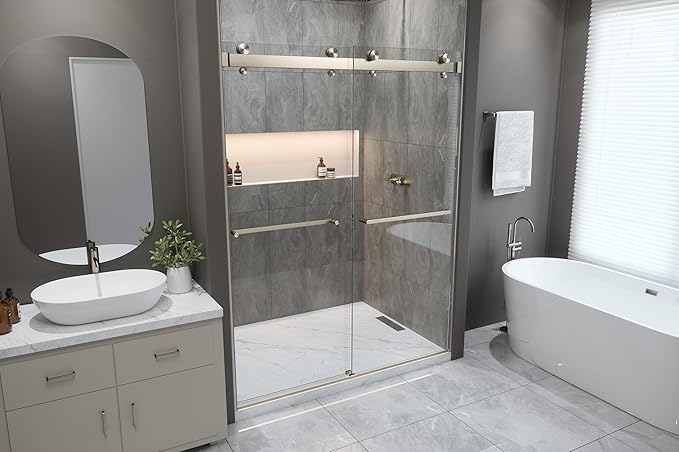 Twinglide VITRA-200 Frameless Shower Door 56.5-59" Width x 78" Height with 3/8" (10mm) Clear Tempered Glass (Brushed Nickel Double Towel Bars)