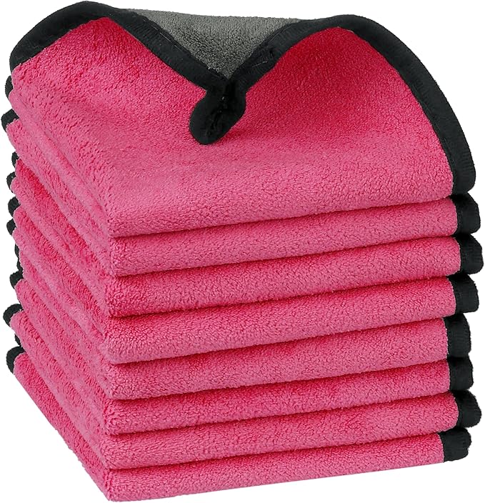 uxcell Car Cleaning Cloths, 8 Pack Soft Premium Microfiber Towels with Hang Loop for Household Cleaning, Reusable Car Cleaning Wipes Lint Free Streak Free Cloths 12" x 16" Pink