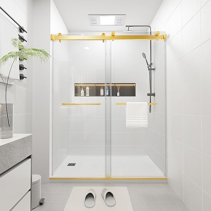 Shower Door 68–72in W x 76 in H, 3/8" Tempered Glass Double Sliding Shower Door, Frameless Brushed Gold, Exquisite Rolling Track Design, Reversible Installation for Modern Bathroom