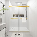 Shower Door 68–72in W x 76 in H, 3/8" Tempered Glass Double Sliding Shower Door, Frameless Brushed Gold, Exquisite Rolling Track Design, Reversible Installation for Modern Bathroom