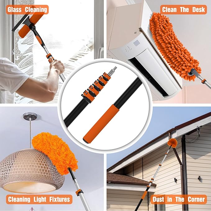 26FT High Ceiling Duster Kits with 5-20FT Telescoping Extension Pole - Fan Blade Cleaner, Cobweb Remover & Window Cleaning Kit, Washable Dust Brush for High Roof and Glass Surfaces