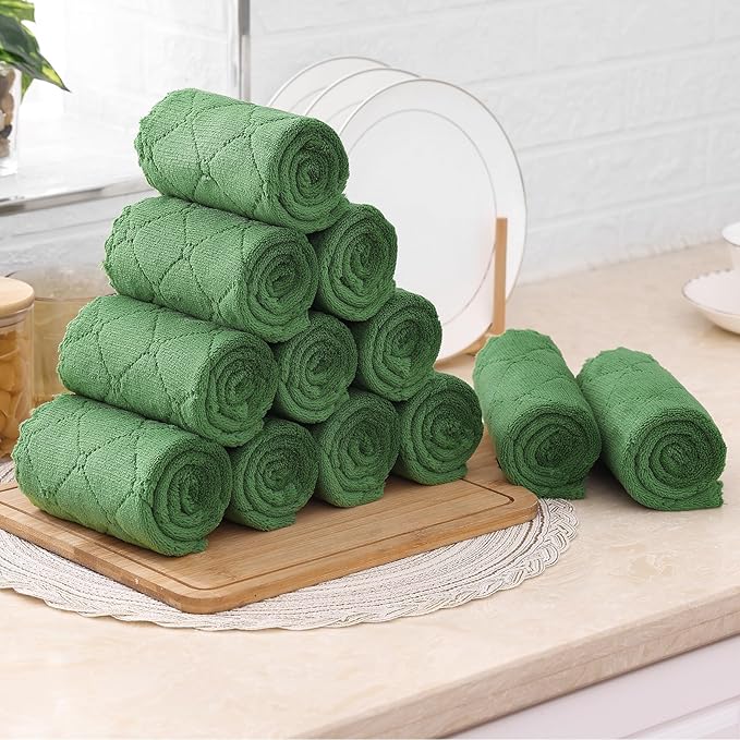 Mordimy 12 Pack Kitchen Towels (20" x 10", Dark Grey & Grass Green), Super Soft and Absorbent Dish Towels, Coral Velvet Microfiber Cleaning Cloth, Nonstick Oil Fast Dry Dish Cloths