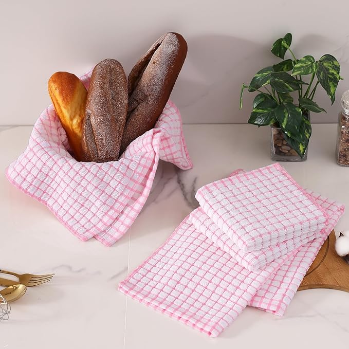 Homaxy Kitchen Towels and Dishcloths Set, 16 x 25 and 12 x 12 Inches, Set of 8 Cotton Terry Kitchen Dish Towels, Super Soft and Absorbent Dish Cloths, Pink