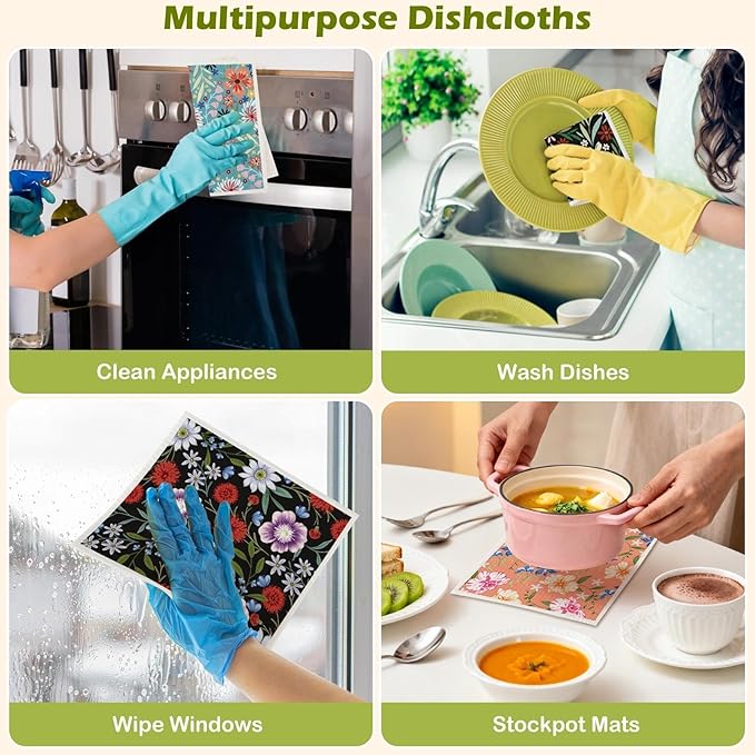 6 Packs Swedish Paper Cloths for Kitchen, Reusable Paper Towels Washable Dish Rags, Highly Absorbent Kitchen Towels Quick Drying Swedish Sponge Cleaning Dish Cloths (Colorful Floral)