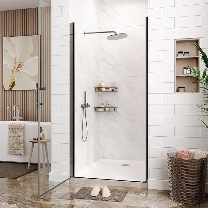 34" W x 72" H Frameless Pivot Shower Door - 1/4" Tempered Glass with Matte Black Frame, Single Swing Door for Modern Bathroom,Waterproof & Easy to Clean