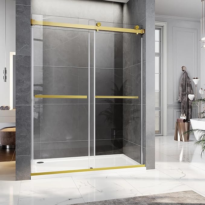 Frameless Sliding Shower Door, 60-64" W x 76" H Glass Shower Door with 5/16" (8mm) Clear Tempered Safety Glass, Stainless Steel Hardware, Double Sliding Shower Door, Brushed Gold