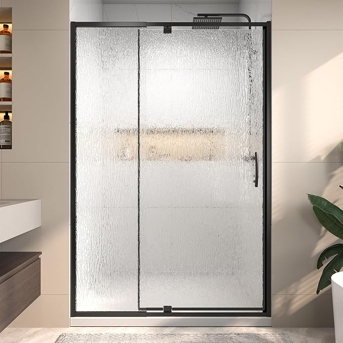 44-48" W x 71" H Pivot Glass Shower Door,1/4"(6mm) Thick SGCC Tempered Rain Glass,Matte Black Shower Door Adjustable Width,Reversible Installation