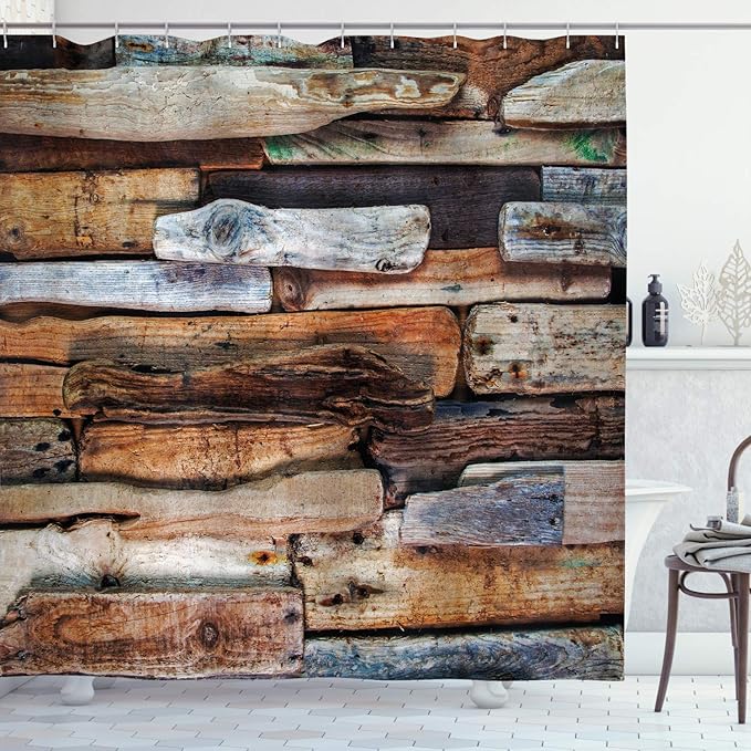 Ambesonne Driftwood Shower Curtain, Wooden Theme Driftwood and Knotty Planks in The Vintage Style Design Digital Image, Cloth Fabric Bathroom Decor Set with Hooks, 69" W x 84" L, Brown
