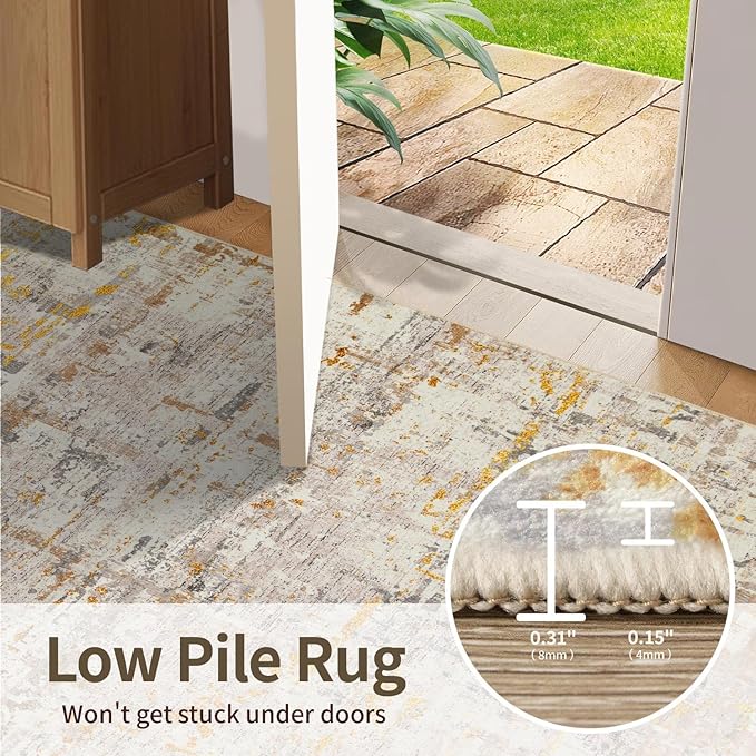 6x9 Washable Area Rug for Living Room, Modern Abstract Large Boho Rugs for Office, Dining Room, Kids Room, Farmhouse, Durable Low Pile Non Slip Carpet for High Traffic Areas, Gold Beige