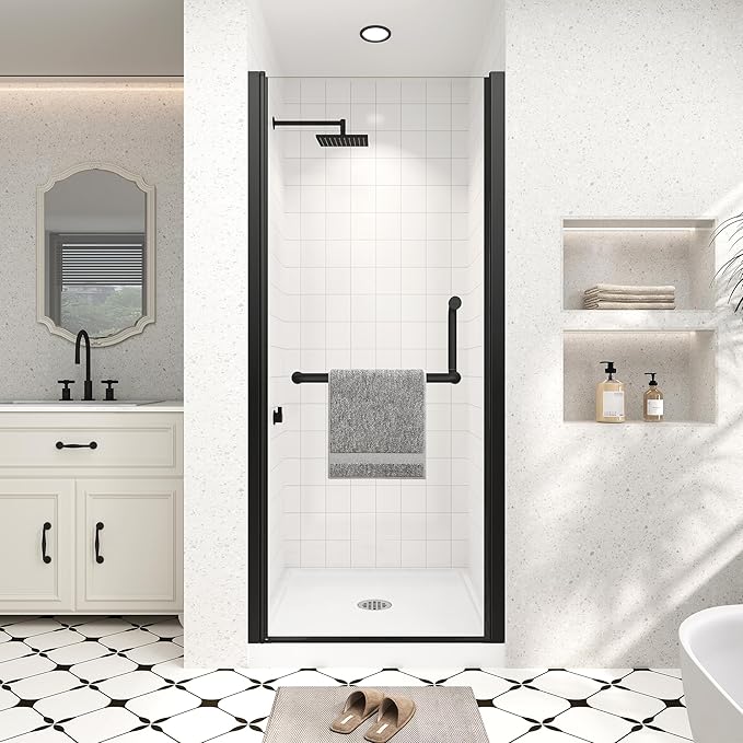 Frameless Pivot Shower Door 30"-32" Wx72 H,1/4"(6mm) Clear Nano Coated (SGCC) Tempered Glass,Reversible Swing Shower Door for Walk-in Shower,Modern Matte Black Finish