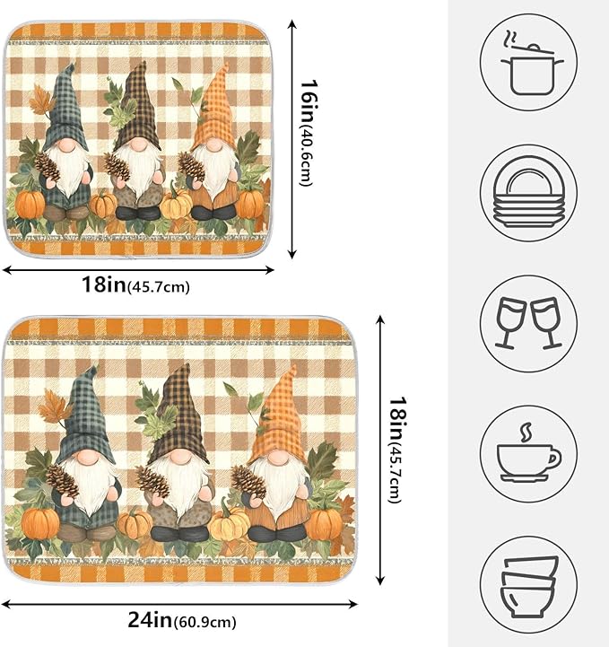 Fall Pumpkin Gnomes Maple Leaves Autumn2 Dish Drying Mat for Kitchen Counter Absorbent Microfiber Large Drying Pad Dish mats for Kitchen Countertops 18 x 24 Inch