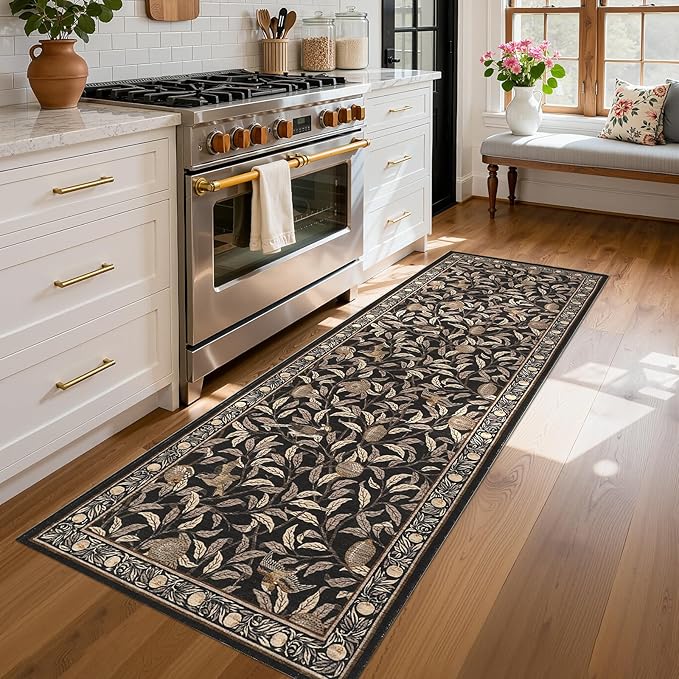GarveeHome 2x6 Runners for Hallways Non Slip, Boho Leaf Kitchen Runner Rug Washable Rugs for Bedroom, Low Pile Soft Brown Runner Botanical Bird Rug for Dorm Entryway Laundry Room Bedroom