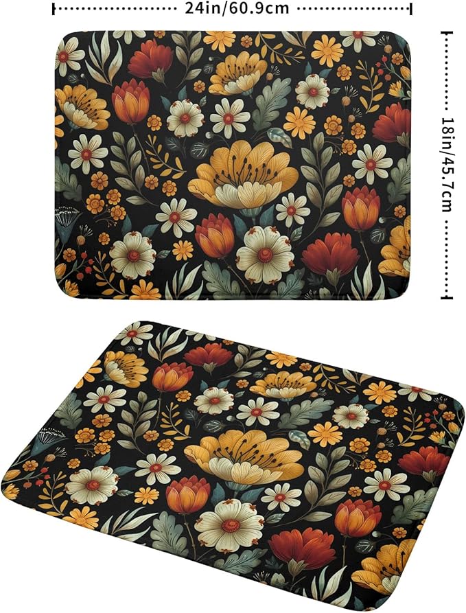 Vintage Boho Floral Dish Drying Mat for Kitchen Counter,Yellow Beige Black Spring Flower Drying Mat 18 x 24 Inch with Absorbent Reversible Microfiber Drying Pad for Coffee Bar