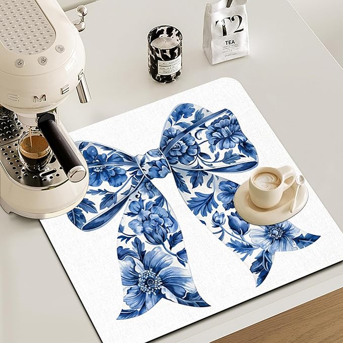 Chinoiserie Bow Dish Drying Mat - Blue And White Porcelain Dish Drying Mat,Chinoiserie Floral Drying Mat For Kitchen Counter,Coffee Bar Mat,Vintage Chinoiserie Drying Mat,16x17.5 Inch