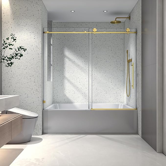 Favfurish Single Sliding Shower Door,55"-60" W x 63" H Frameless Shower Door with 5/16" (8mm) Thick SGCC Tempered Glass W/Adjustable Soft Closing,Bathroom Glass Door for Spa（Brushed Gold）