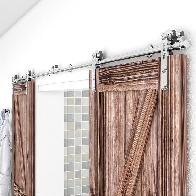 TSMST 6FT Sliding Barn Door Hardware Kit, Stainless Steel Heavy Duty Sturdy Barn Door Track for Double Wood Door, Slide Smoothly Quietly (I Style)