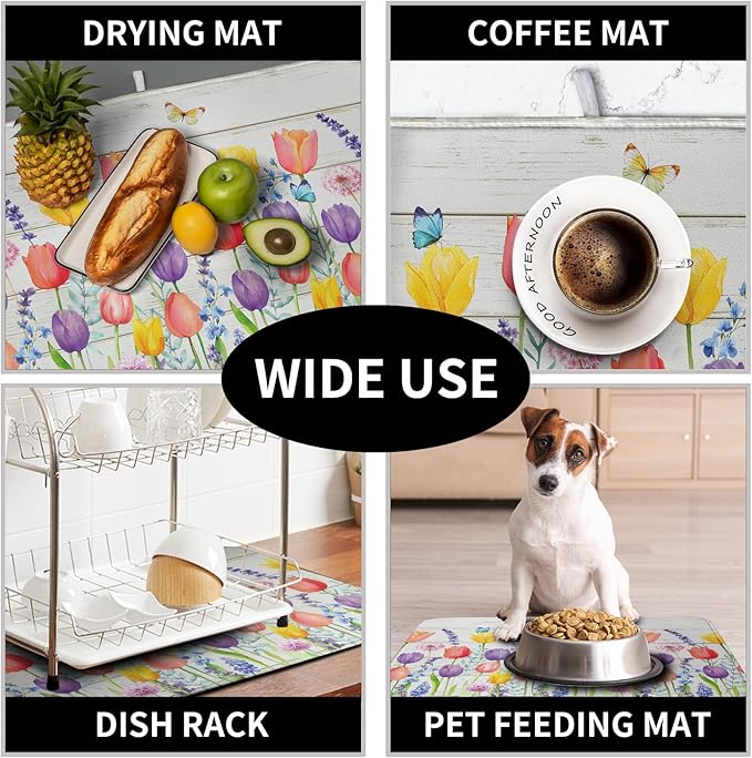Tulip Floral Dish Drying Mat for Kitchen Counter Watercolor Spring Flower Dish Mat Absorbent Microfiber Dish Draining Mat Reversible Heat Resistant Dishes Pad Large 18 x 24 Inch