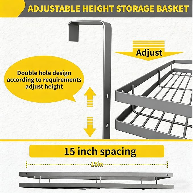 Broom Holder Door Mount,Door Mounted Broom and Mop Holder with Dual Tool Hooks, Three Slots, and One Tool Storage Basket For Laundry Room, Garage, Closet, warehouse, Kitchen Decor (grey)