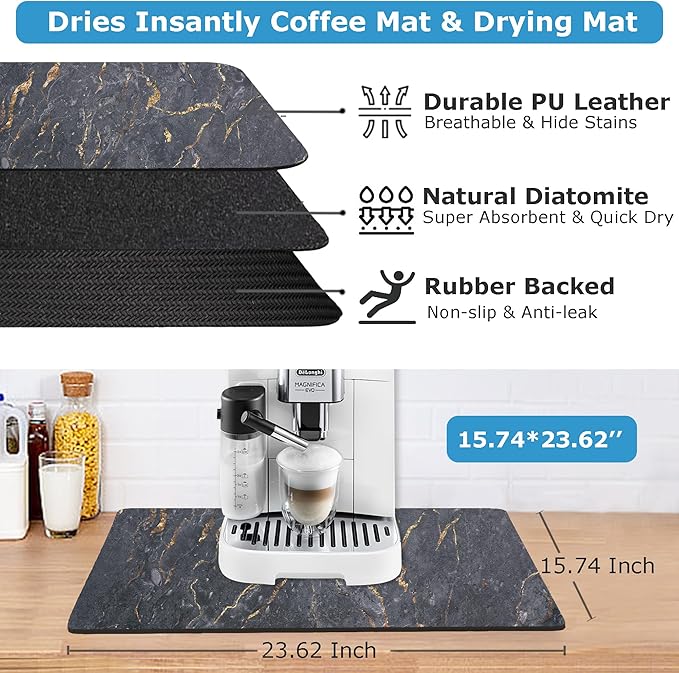 Dish Drying Mat Coffee Bar Mat for Kitchen Counter, Absorbent Dish Rack Pad Hide Stain with Non-slip Rubber Backed Coffee Accessories Fit Under Espresso Machine Maker Black Marble 22.83"x14.96"