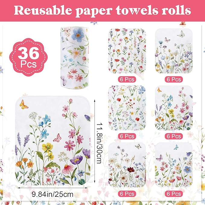 36 Pcs Reusable Paper Towels Roll Paperless Cotton Cloth 9.8" X 11" Washable Kitchen Towel Absorbent Soft Flannel Reusable Hand Napkin for Home Bathroom Cleaning Household Dishcloth