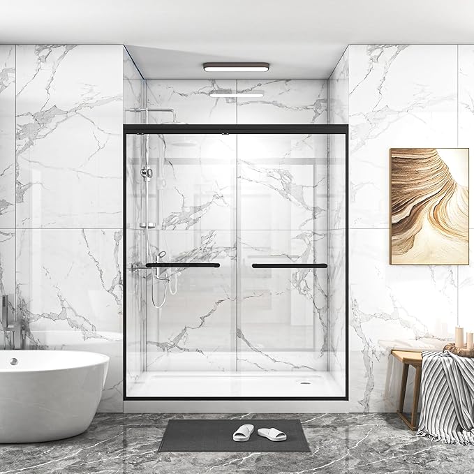 Double Sliding 56-60" W×72" H Shower Door,Semi-Frameless Sliding Glass Shower Door with 1/4''(6mm) Clear SGCC Tempered Glass,for Walk-in Shower Enclosure,Black