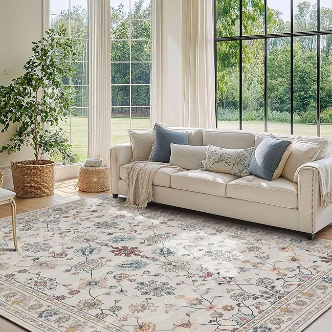 Floral Rug for Living Room Bedroom, 4x6 Washable Rug, Vintage Boho Area Rug, Large Non Slip Low Pile Wool Carpet for Indoor Dining Room,Girls Room,Nursery Room and Kids Room(Ivory Green 4x6ft)