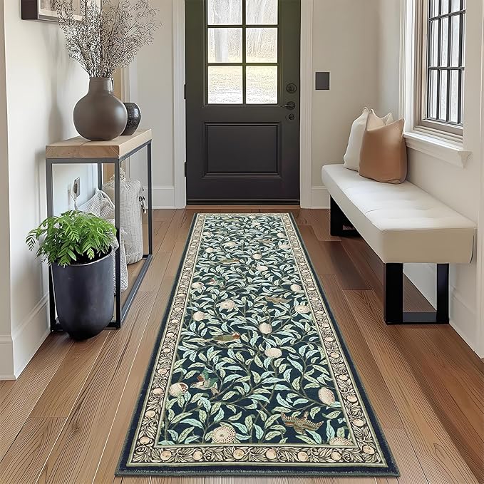 GarveeHome 2x6 Runners for Hallways Non Slip, Boho Leaf Kitchen Runner Rug Washable Rugs for Bedroom, Low Pile Soft Navy Blue Runner Botanical Bird Rug for Dorm Entryway Laundry Room Bedroom