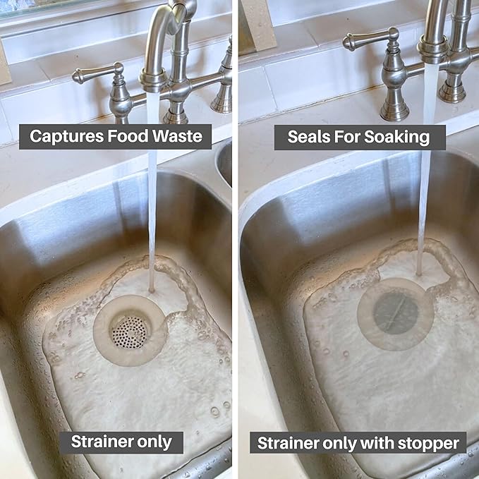 Flex Strainer® Sink Drain Strainer with Optional Stopper – No Center Stem, Fits Standard 3½” Sink Drains & Disposals – Easy Clean, Dishwasher Safe – Made in USA – Grey, 2-Pack
