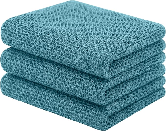 Homaxy 100% Cotton Waffle Weave Kitchen Towels, 3-Pack Ultra Soft Absorbent Dish Towels, Quick Drying Cleaning Towels, 13 x 28 Inches, Lake Blue