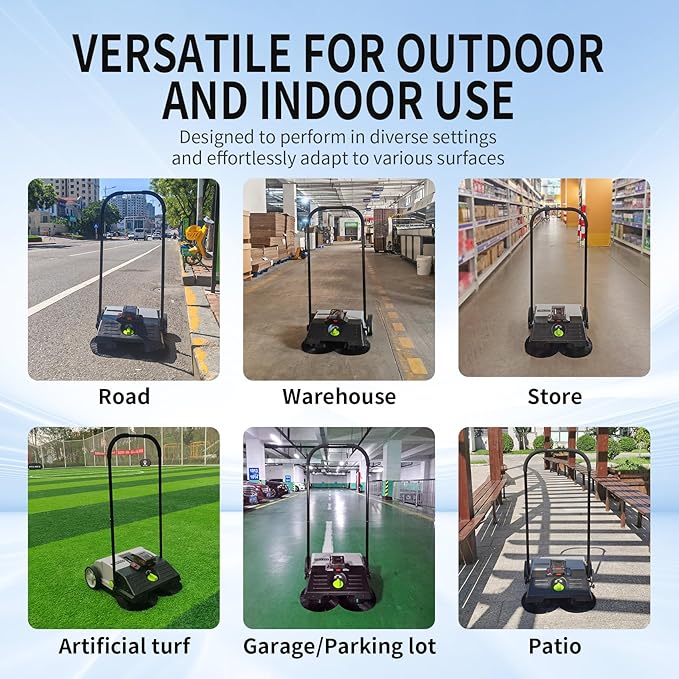 UNICOO® Electric Hand Push Floor Sweeper – Battery Powered Walk-Behind Sweeper with Dual Brush Rollers, 23" Sweeping Width & 6.6 Gallon Waste Bin – Indoor/Outdoor Push Sweeper (Gray)