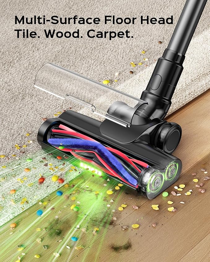 Cordless Stick Vacuum Cleaner – 3-in-1 Brush Roll for Hard Floors and Carpets, 55 Min Runtime Rechargeable Lightweight Vacuum with Green LED Headlight for Pet Hair and Dust Cleaning