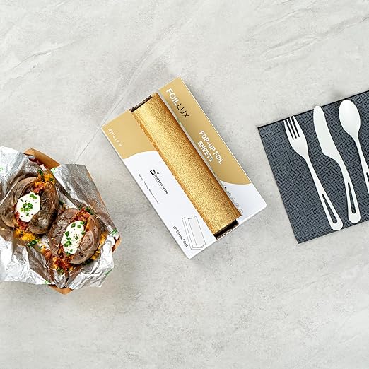 Restaurantware Lux Pop-Up Foil Sheets - 10.8 x 9 Inch, 100 Gold Embossed Aluminum Foil Papers, Greaseproof, Freezable & Oven Ready