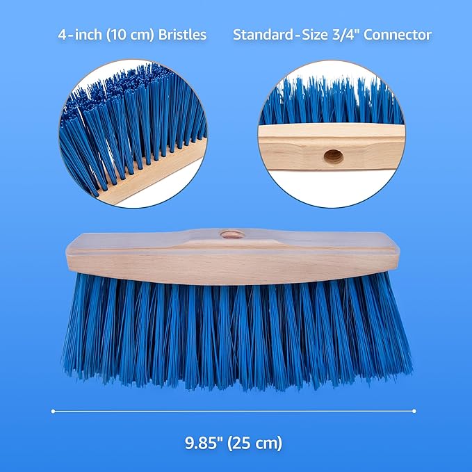 Outdoor Broom Head - Heavy Duty 9.85" Sweeping Wooden Broom Head with Stiff Bristles - Fits Standard 3/4" Threaded Handles - Ideal for Concrete Walkway, Patio, Deck, Driveway & Garage