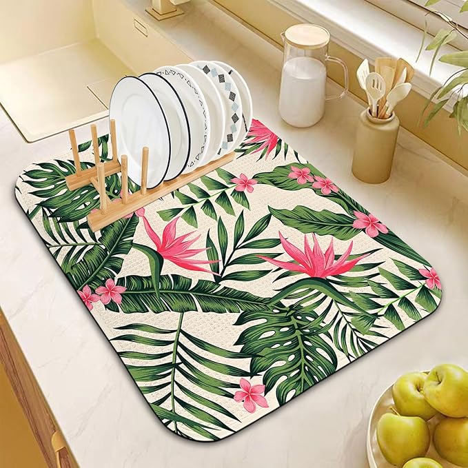 Dish Drying Mat for Kitchen Counter 18x24 Inch, Super Absorbent Dish Drainer Mat, Decorative Microfiber Dishes Drying Pad-Large(Tropical Leaf)
