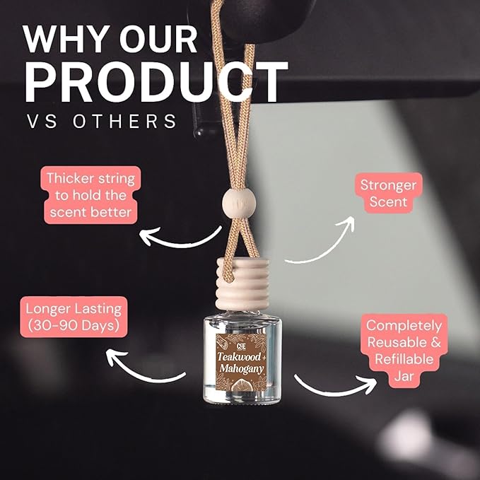 C&E Craft Co Hanging Car Air Freshener Diffuser 2 Pack, Long Lasting Fragrance Oil Car Freshener, Glass Bottle Auto Air Freshener, Made in USA (Teakwood + Mahogany)