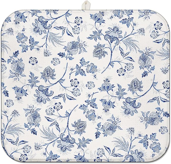 Blue Floral Dish Drying Mat for Kitchen Counter, French Farmhouse Style Microfiber Drying Rug, Washable and Absorbent Kitchen Countertop Dish Drainer, 16x18 Inch