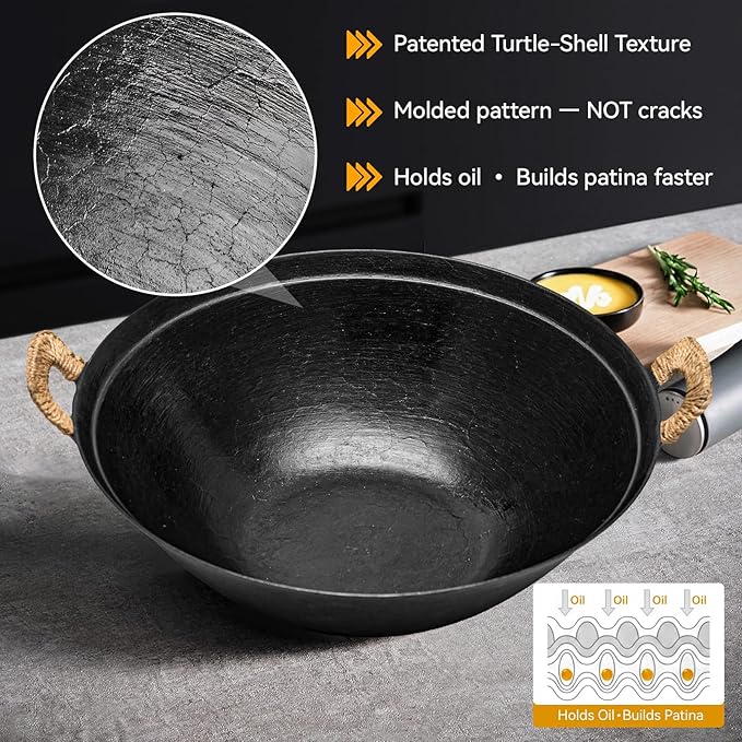 WANGYUANJI 14.2" Cast Iron Wok with Lid, Dual Handles - Flat Bottom Chinese Stir Fry Pan for Induction & Gas Stoves - Traditional Handcrafted Turtle Shell Texture, Uncoated & Non-Toxic