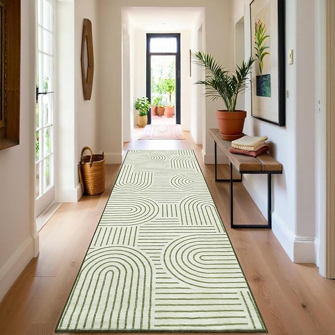 Modern Rug 2.5x8 Runners for Hallways, Abstract Kitchen Runner Rugs Non Slip Bath Runners, Rainbow Washable Runner Rug for Bedroom, Soft Long Rugs for Entryway Bathroom Laundry Dorm, Green