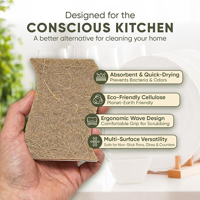 Plant-Based Kitchen Sponges (12 Pack) | FSC-Certified & PETA Approved | Natural Cellulose & Coconut Blend Scrubber Dish Sponges for Kitchen | S-Shaped Design | Eco-Friendly, Non-Scratch & Non-Toxic