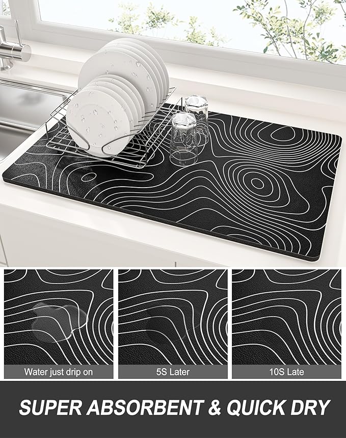 Rnivvi Dish Drying Mat for Kitchen Counter, 12 x 19" Cute Marble Super Absorbent Draining Pad, Non-Slip Heat Resistant Coffee Bar Mats for Coffee Machine Station Accessories, Line Art Dish Rack Pad