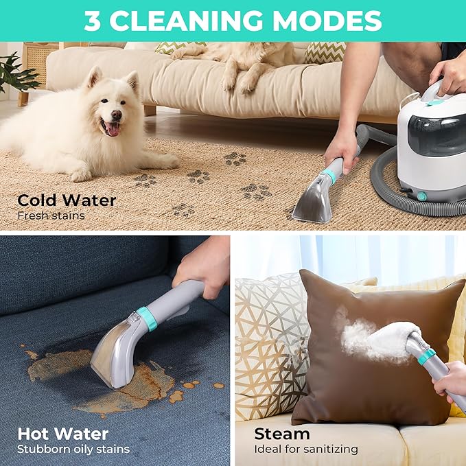 HAUSHOF Steam Portable Carpet and Upholstery Cleaner, Deep Couch Cleaner Machine with 3 Powerful Cleaning Modes for Pet Stains, Sofa, Rug, Mattress, Car Seat and Curtain, Spot & Stain Cleaner Included